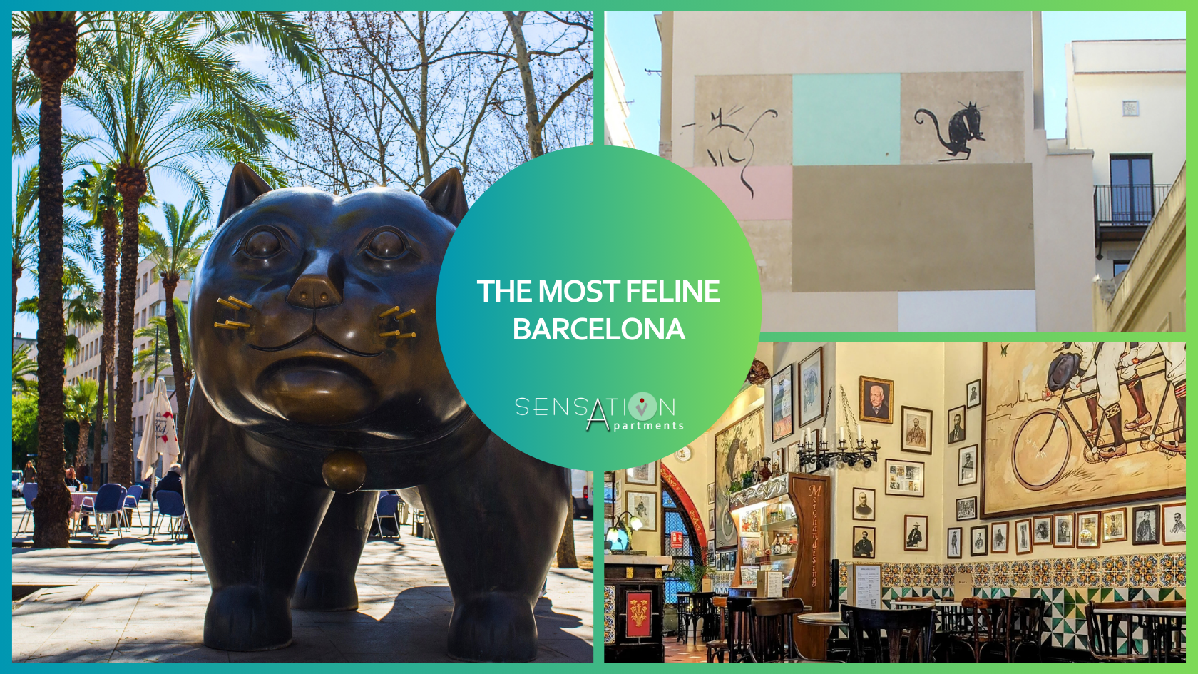 an advertisement for the most feline barcelona features a statue of a cat