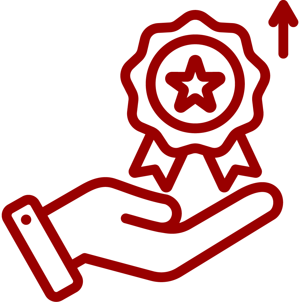 an icon of a hand holding a medal with an arrow pointing up