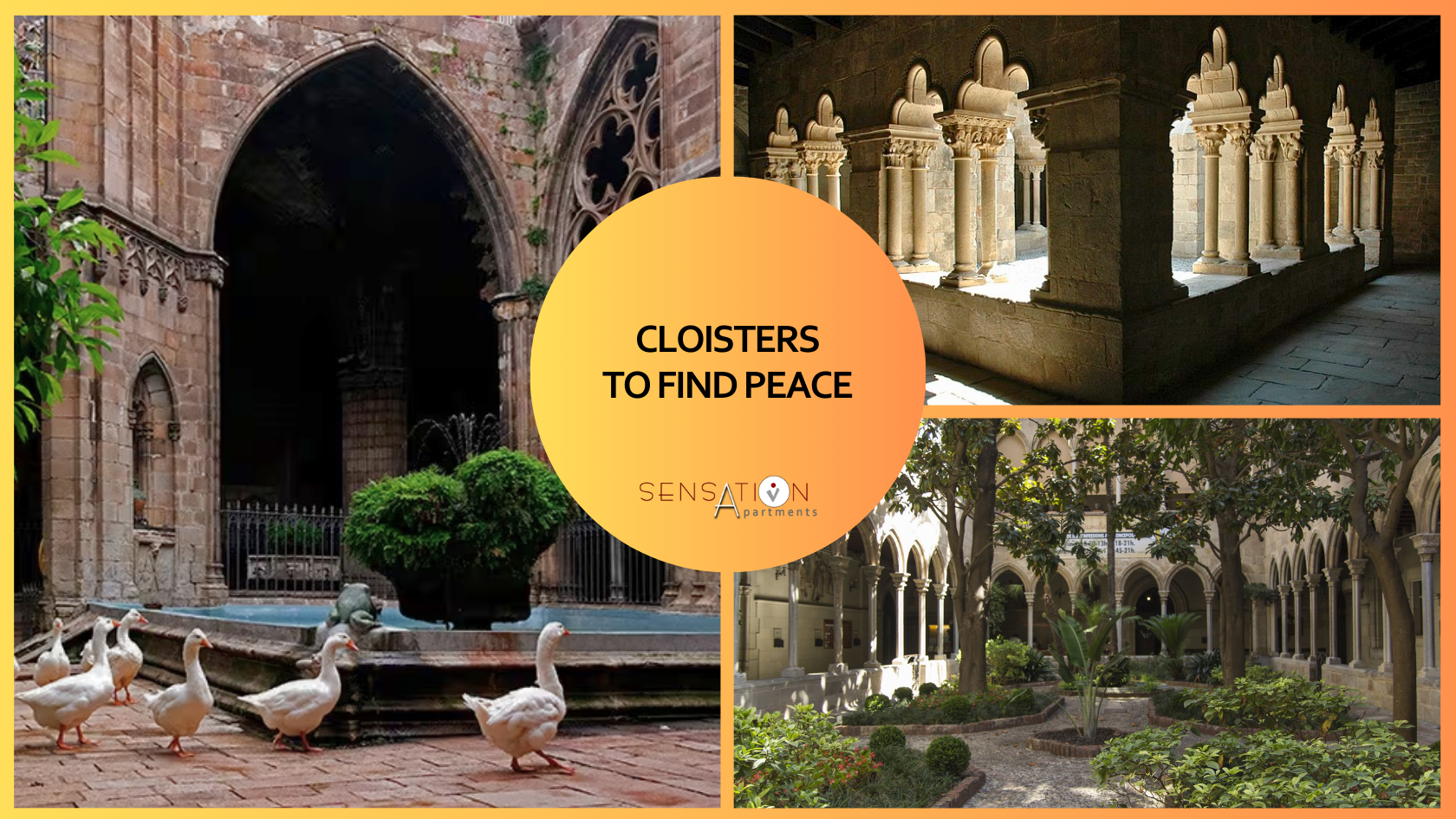 un collage di tre immagini con la scritta cloisters to find peace