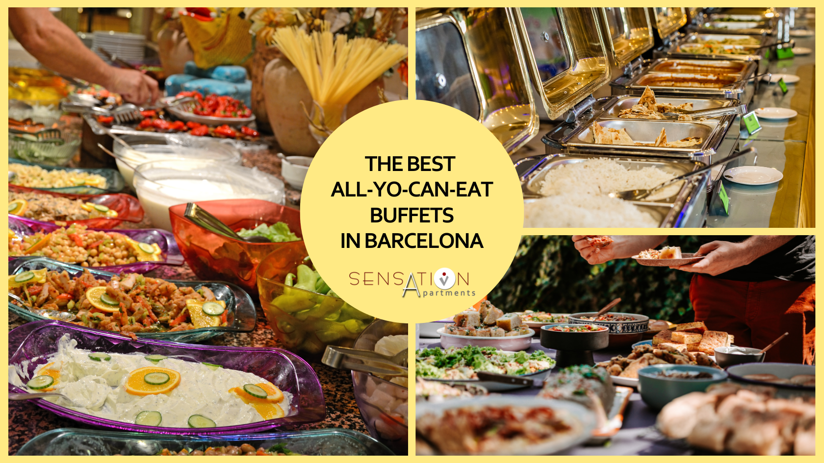 un collage de fotos de buffets de todo-yo-puede-comer en barcelona