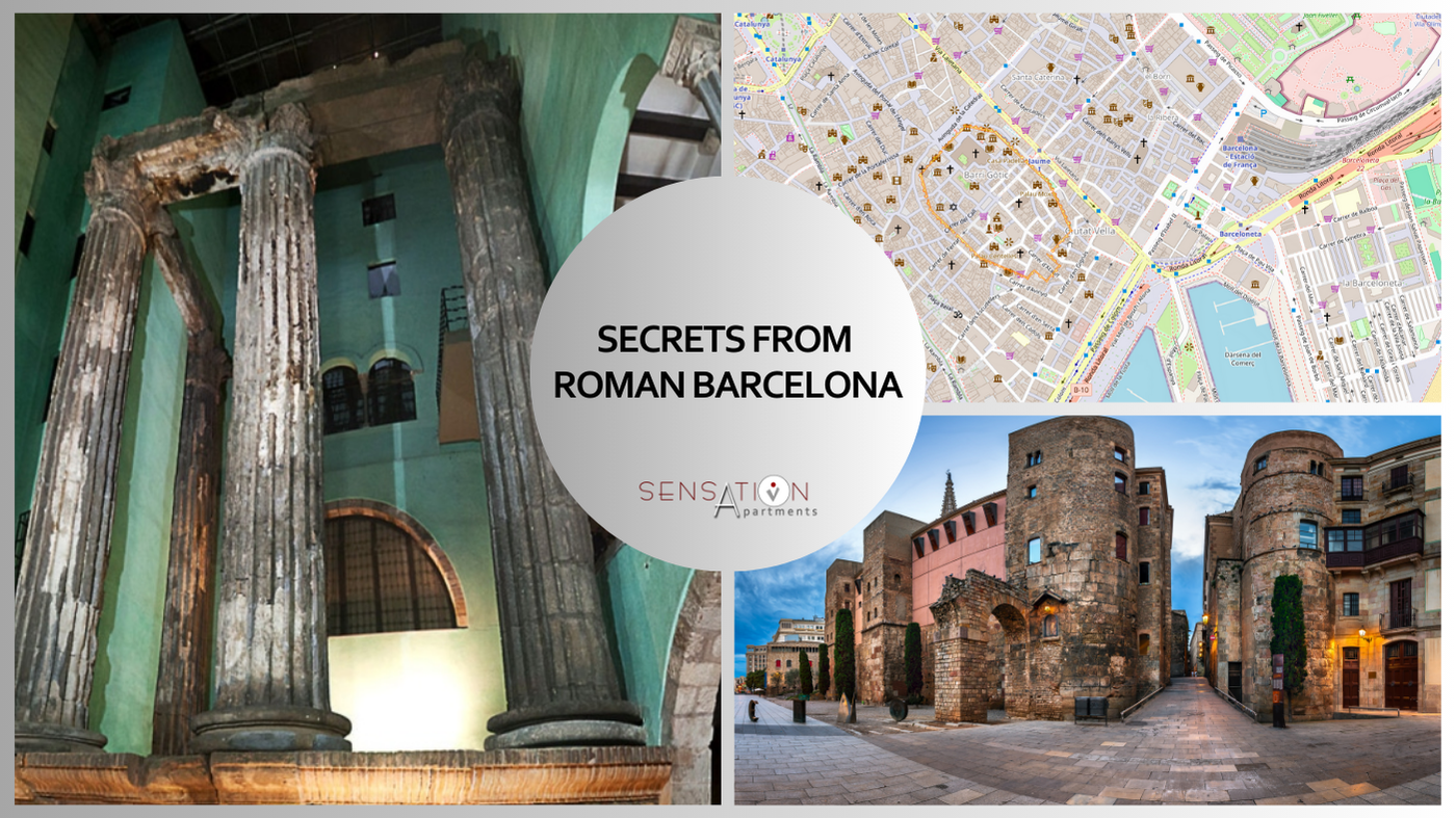 un collage di edifici e una mappa con la scritta segreti da roman barcelona