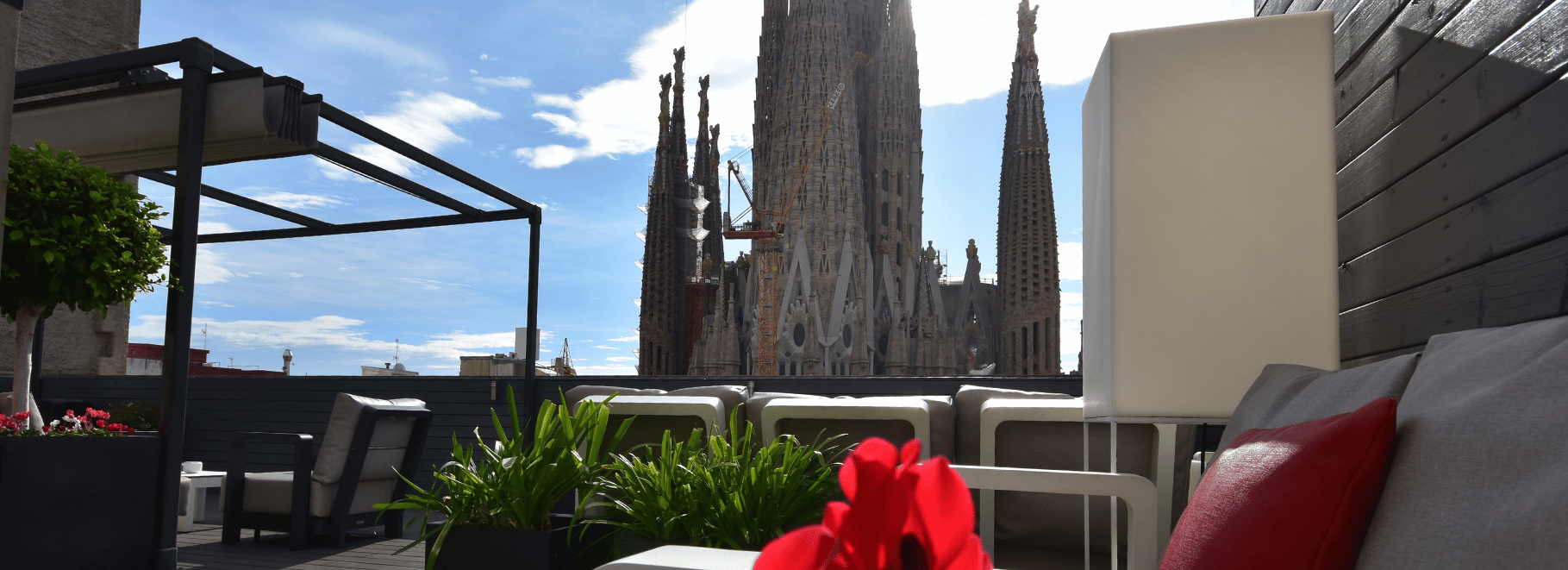 una terraza con muebles y plantas frente a una catedral