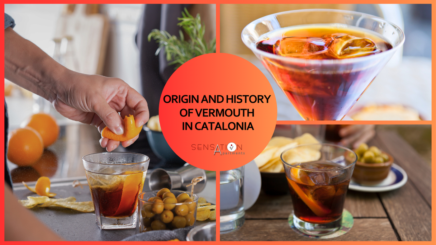 a collage of photos shows the origin and history of vermouth in catalunya