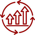 a red icon with three arrows pointing up in a circle .