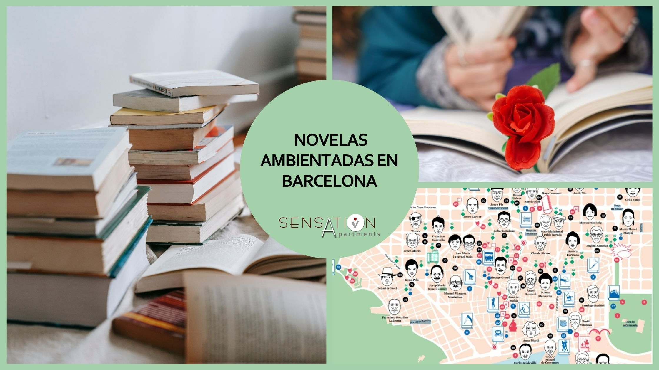 un montón de libros y un mapa que dice novelas ambientadas en barcelona