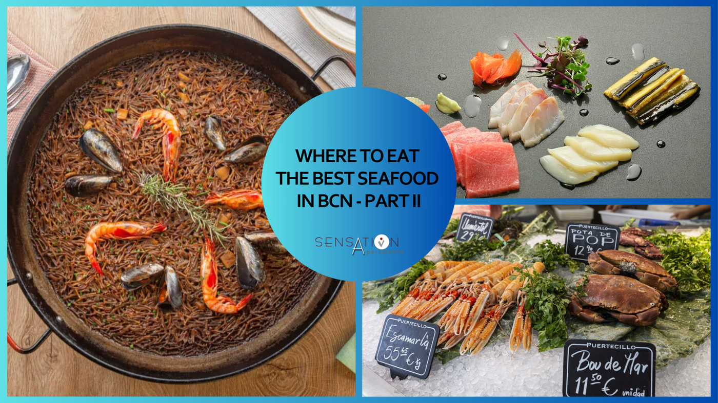 ein Collage aus Bildern mit dem Text , wo man das beste Meeresfrüchte in bcn - Teil ii isst