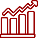 a red line icon of a graph with an arrow pointing up .