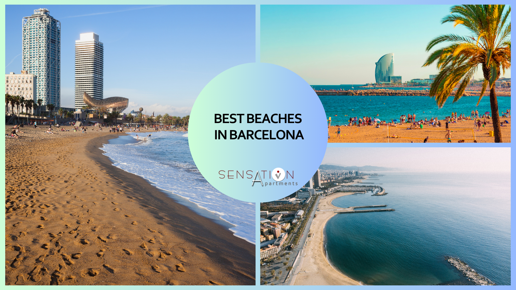 un collage de cuatro fotos de playas en barcelona