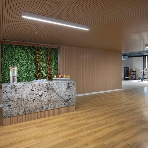 a marble counter in a gym with a green wall behind it