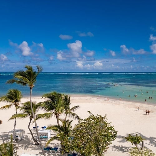 una playa de arena blanca con palmeras y un barco en el fondo