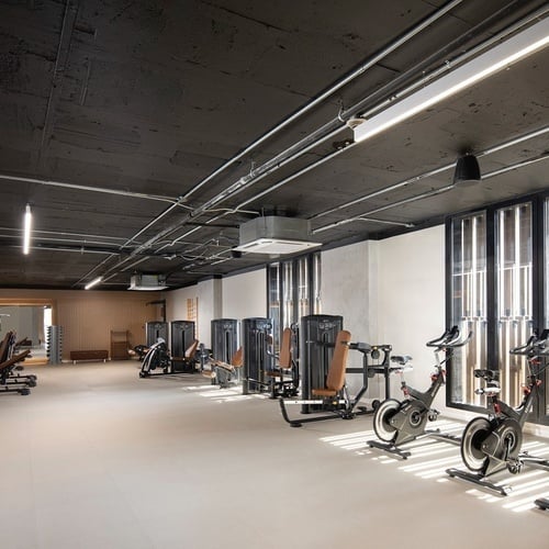 a row of exercise bikes are lined up in a gym