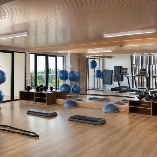 une salle de sport avec un tapis roulant et des ballons de pilates