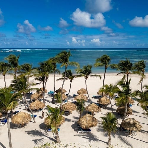 une vue aérienne d' une grande piscine entourée d' parasols