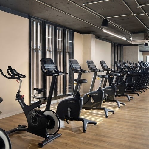 una fila de bicicletas están alineadas en un gimnasio