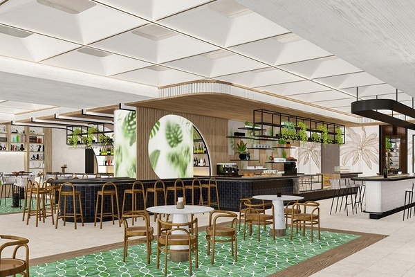 an artist 's impression of a restaurant with tables and chairs