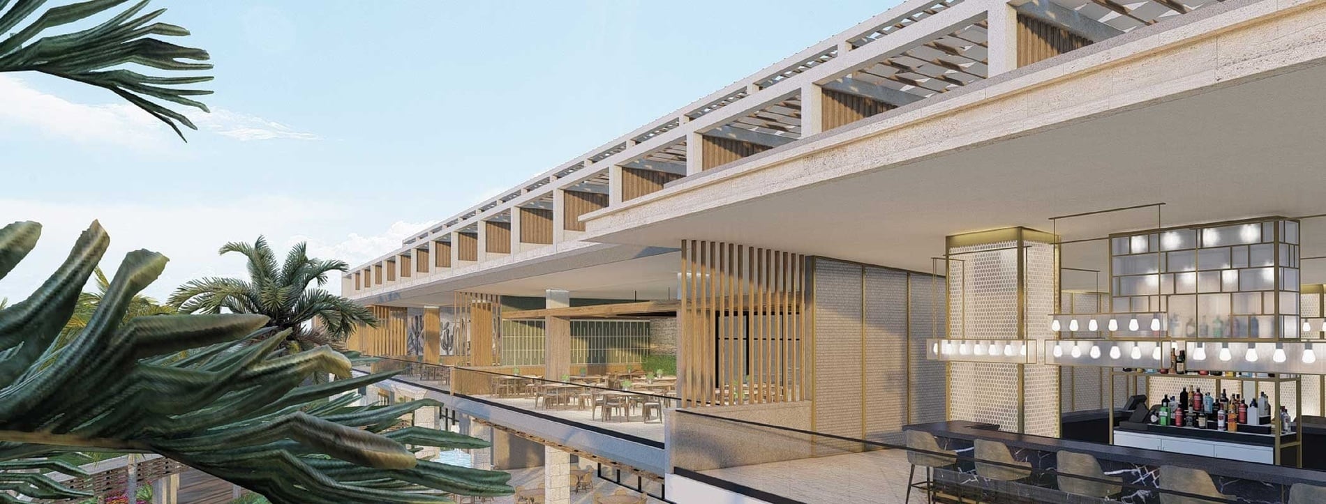 an artist 's impression of a building with a balcony and a bar