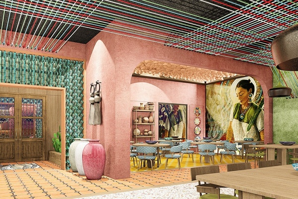 an artist 's impression of a restaurant with tables and chairs