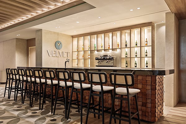 Elegant hotel bar with Serenade Caribe Club, bottle display, and modern seating.