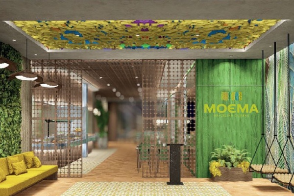 a restaurant with tables and chairs and a sign that says bahia