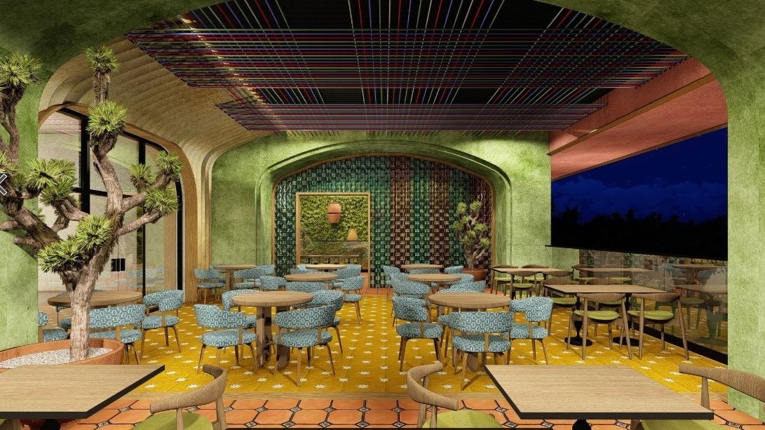 an artist 's impression of a restaurant with tables and chairs