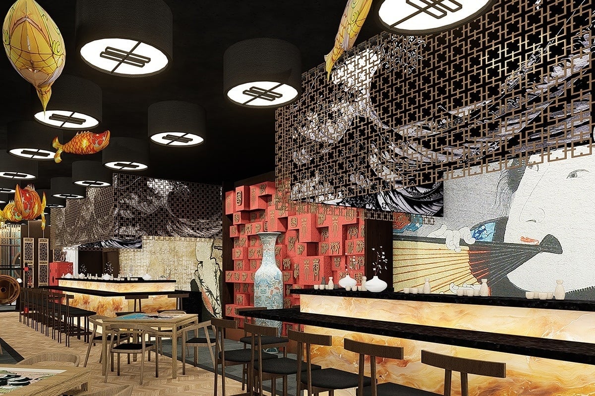 a restaurant with a painting of a woman on the wall