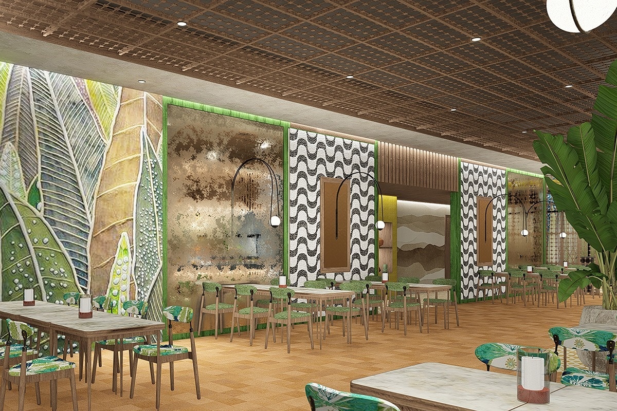 an artist 's impression of a restaurant with tables and chairs