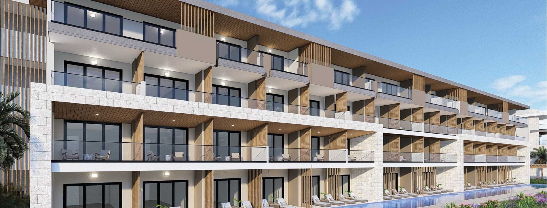 an artist 's impression of a hotel with lots of balconies