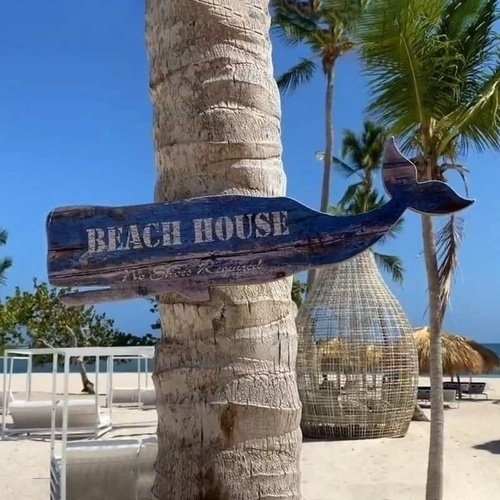 un cartel de madera en forma de ballena dice casa de la playa