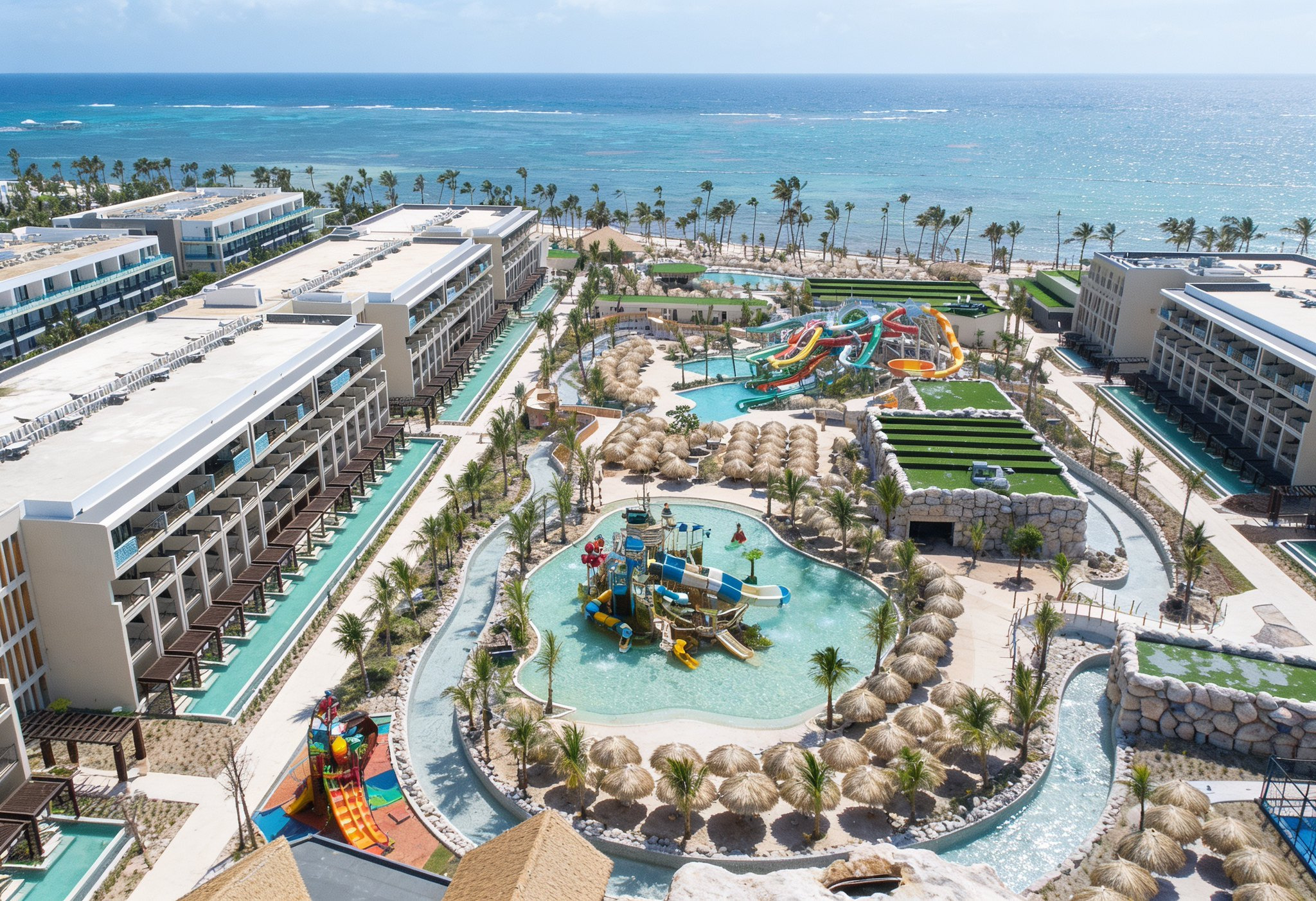 Aerial view of a tropical resort with water slides, pools, and beachfront rooms. Serenade Corpo