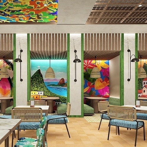 un restaurante con mesas y sillas y un mural en la pared