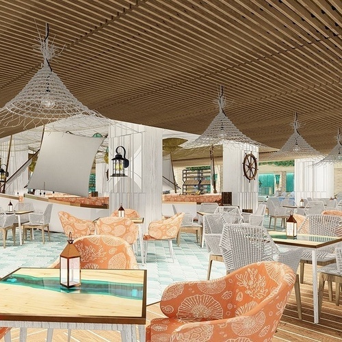 una representación artística de un restaurante con mesas y sillas