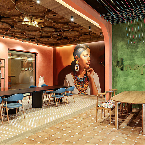 DecoraciónSerenade Corpo: sala de estar de inspiración mexicana con arte mural y muebles coloridos.
