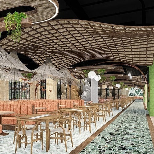 una representación artística de un restaurante con mesas y sillas