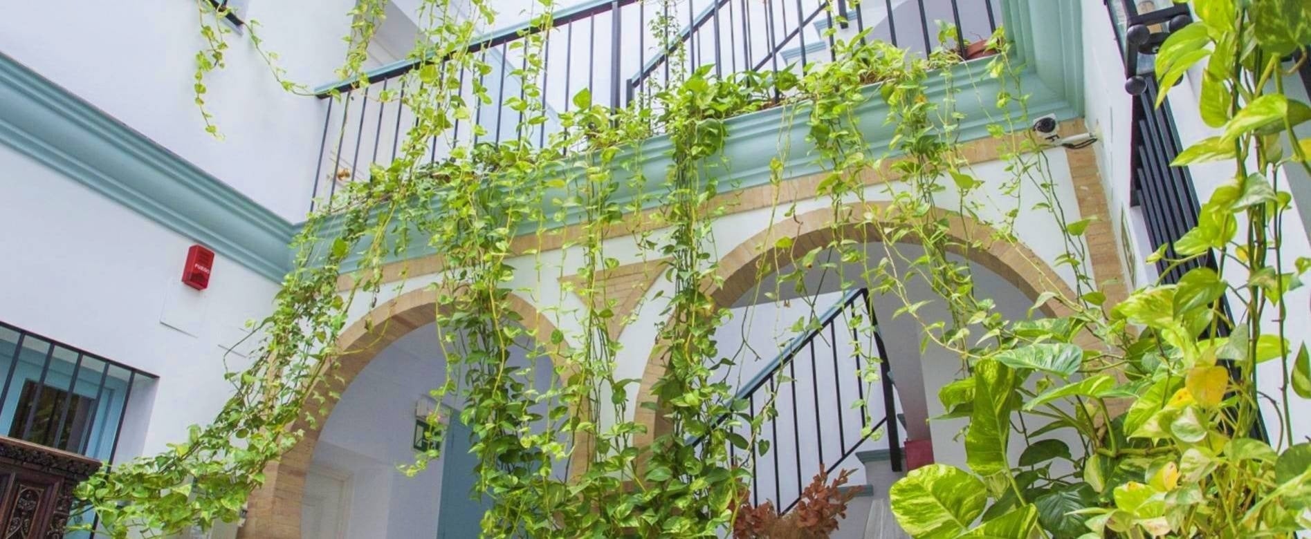 un edificio blanco con una vista del océano en el fondo