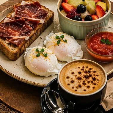 Desayuno saludable ibérico servido en Halo Boutique Hotel