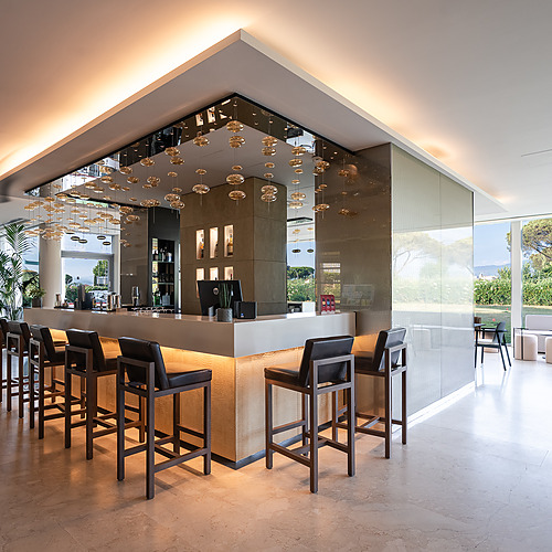 Bar et salon d'un hôtel luxueux avec piano à queue et vue sur le jardin Smy: Corporativa