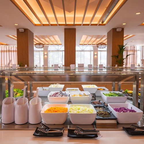 a buffet with a sign that says ' a ' on it