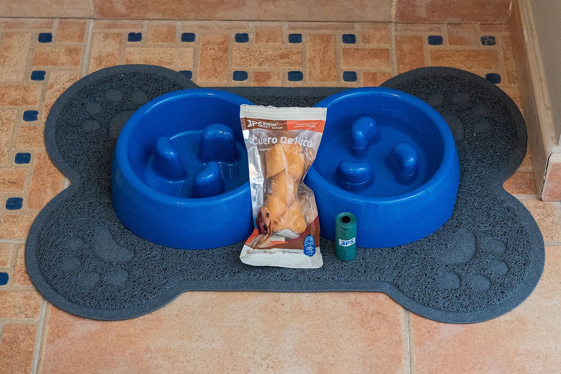 Dog bowls and chew toy on a bone-shaped mat for a Smy: Corporativa stay.