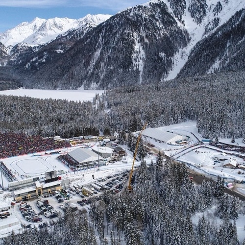 an aerial view of a ski resort in the mountains