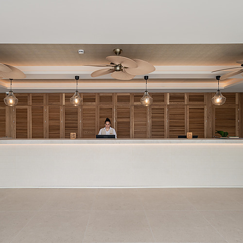 Stylish Smy: Corporativa hotel lobby with central olive tree and circular seating.