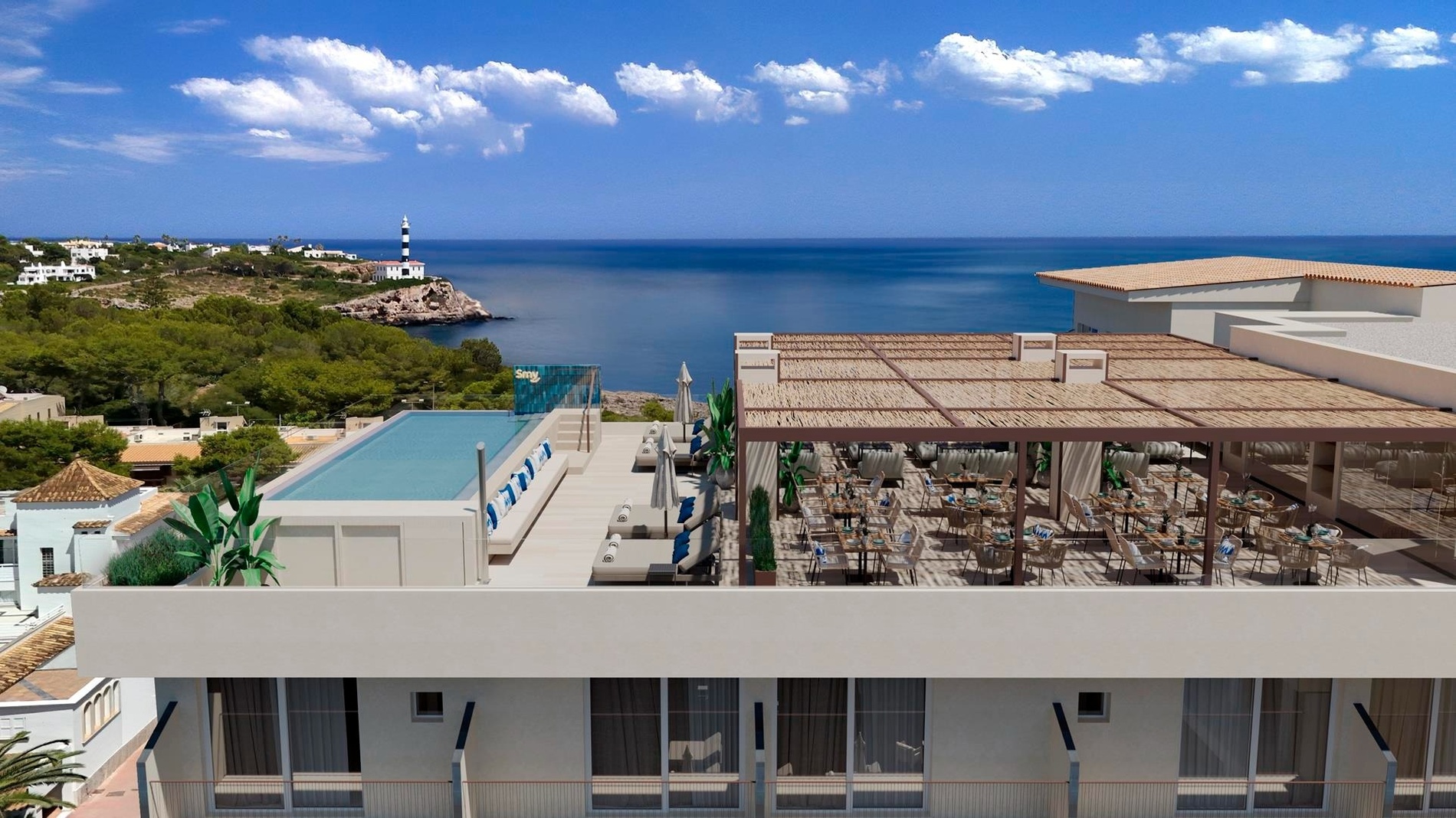 uma varanda com mesas e cadeiras e vasos de plantas