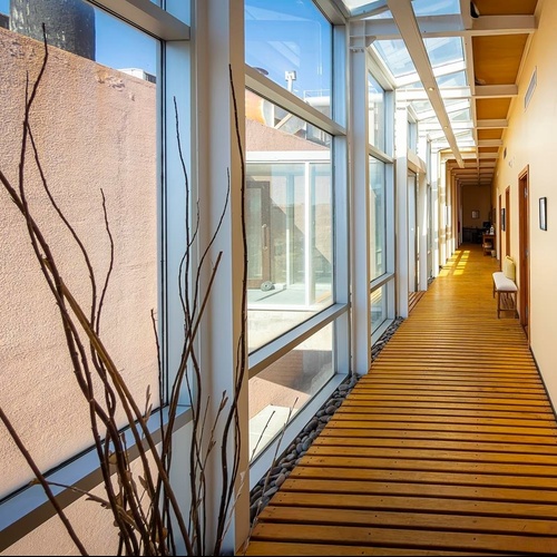 it Un lungo corridoio luminoso con vetrate laterali e sul soffitto, un pavimento in legno a listelli e rami decorativi in primo piano.