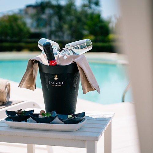 Bouteille de champagne et amuse-bouches devant la piscine : idéal pour Smy: Corporativa.