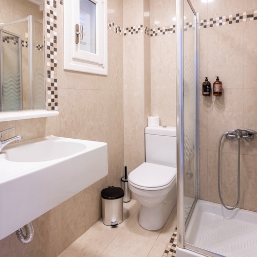 ein Badezimmer mit Toilette , Waschbecken und Dusche