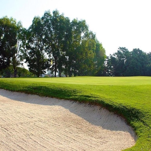 ein Golfplatz mit einem grünen Rasen und einem Sandbunker