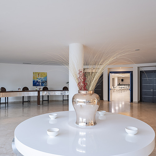 Smy: Corporativa hall d'hôtel moderne avec vases et plantes décoratives, comptoir de réception et salle de conférence en arrière-plan.