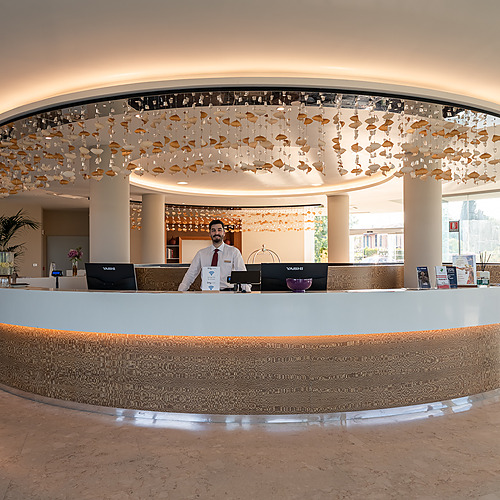 Réception d'hôtel moderne avec réceptionniste et lustre spectaculaire. Smy: Corporativa