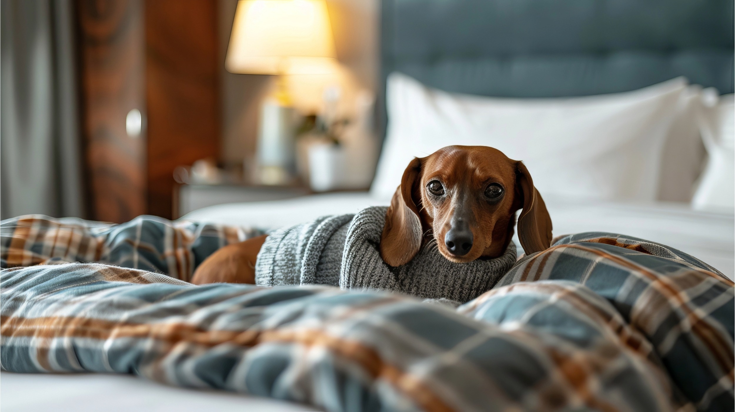 a small brown dog standing next to a red suitcase