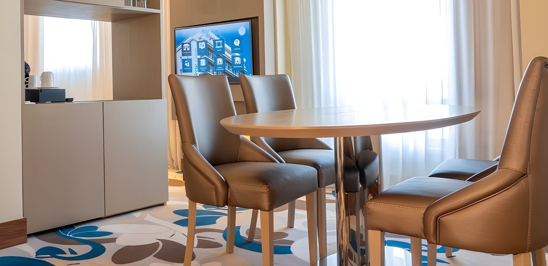 Um interior de sala de estar moderno e luminoso, com uma mesa redonda e cadeiras estofadas, uma televisão de parede e uma estação de café embutida, sobre um tapete com padrões abstratos.