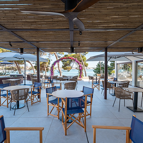 Stylish Smy: Corporativa hotel lobby with central olive tree and circular seating.